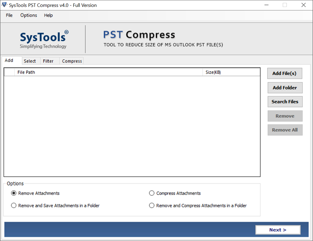 interface of Compress pst tool